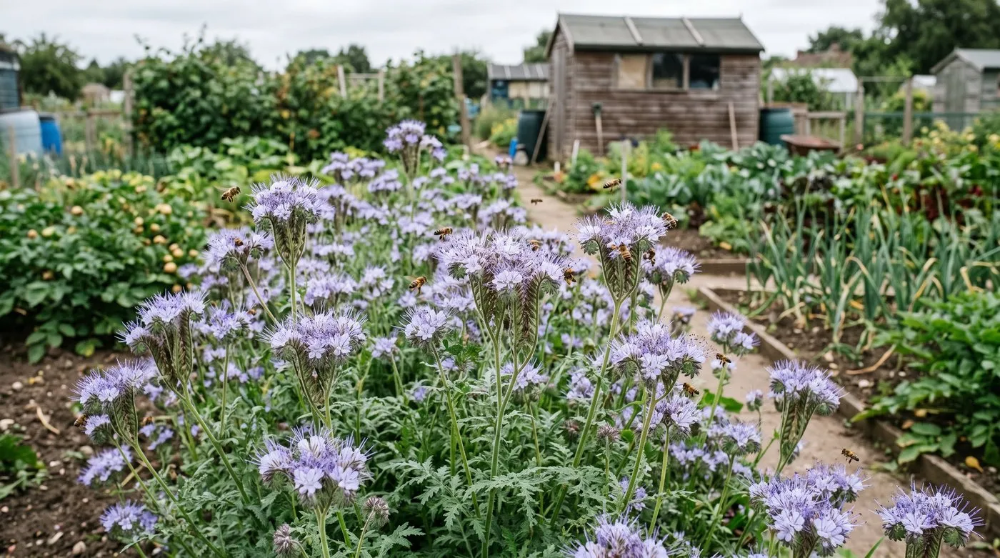 Lacy lavender-blue phacelia flowers alive with honeybees in a UK allotment vegetable garden
