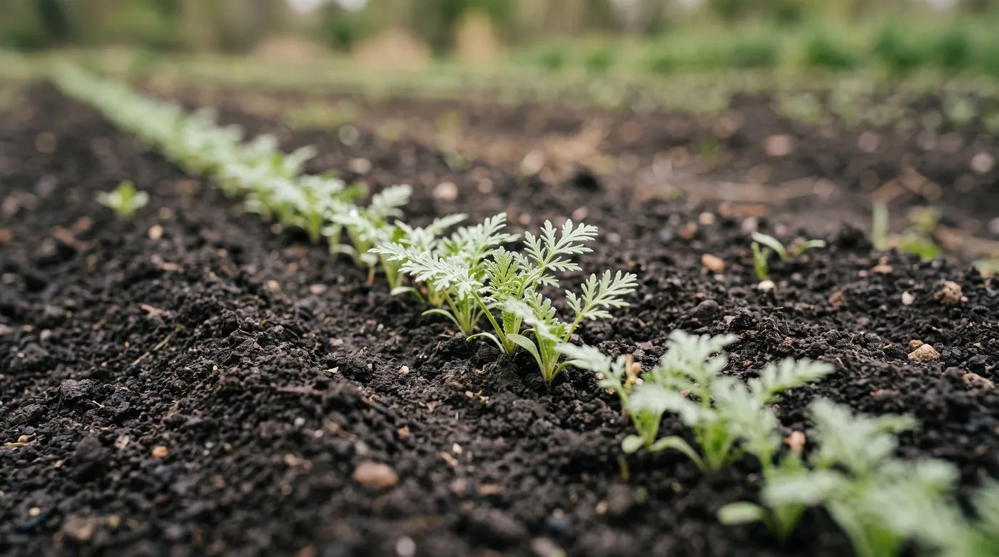 Young phacelia seedlings emerging in a drill in freshly raked soil