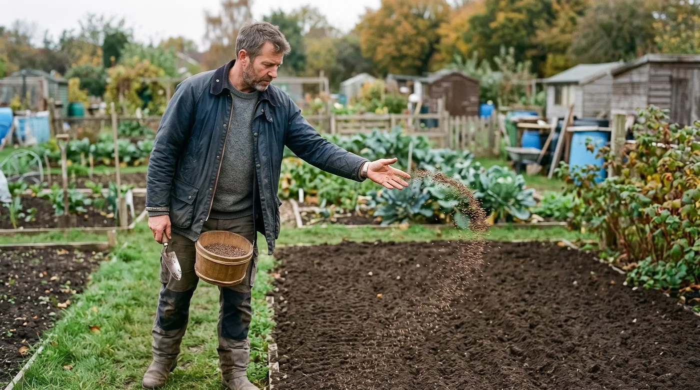 A person's hands broadcasting phacelia seed over a prepared bed as a green manure