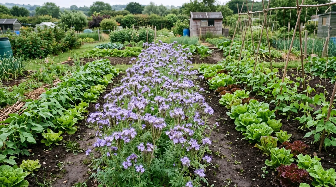 A strip of flowering phacelia beside rows of vegetables as companion planting on an allotment