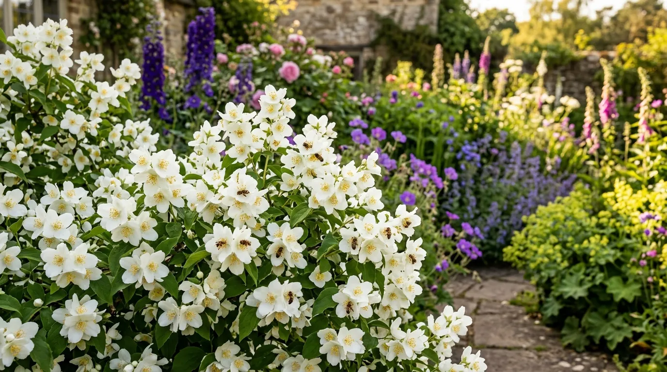 Philadelphus mock orange in full bloom with white fragrant flowers in a sunny UK garden border