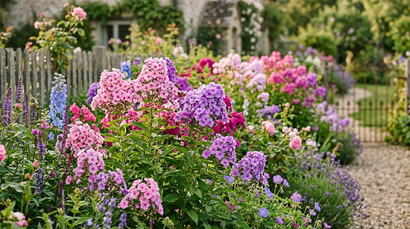 Tall garden phlox in full bloom with pink and purple flowers growing in a British cottage garden border