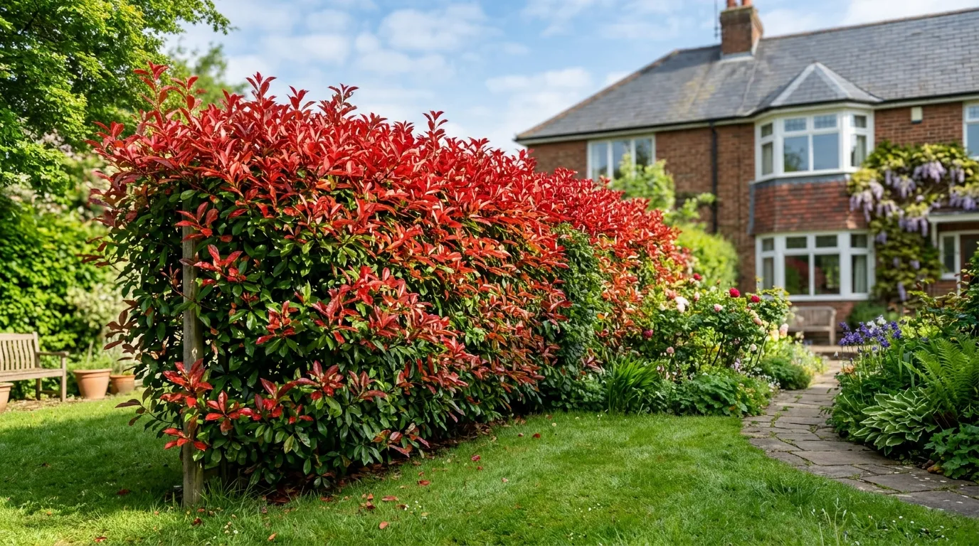 Photinia Red Robin hedge with bright red new growth in a UK suburban garden