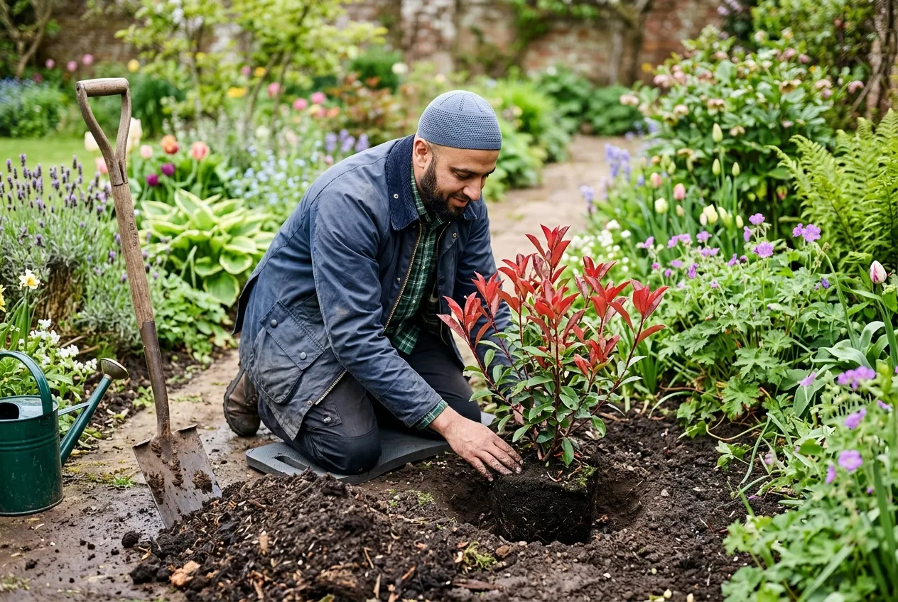 Photinia Red Robin being planted in a prepared hole with compost and tools in a UK garden