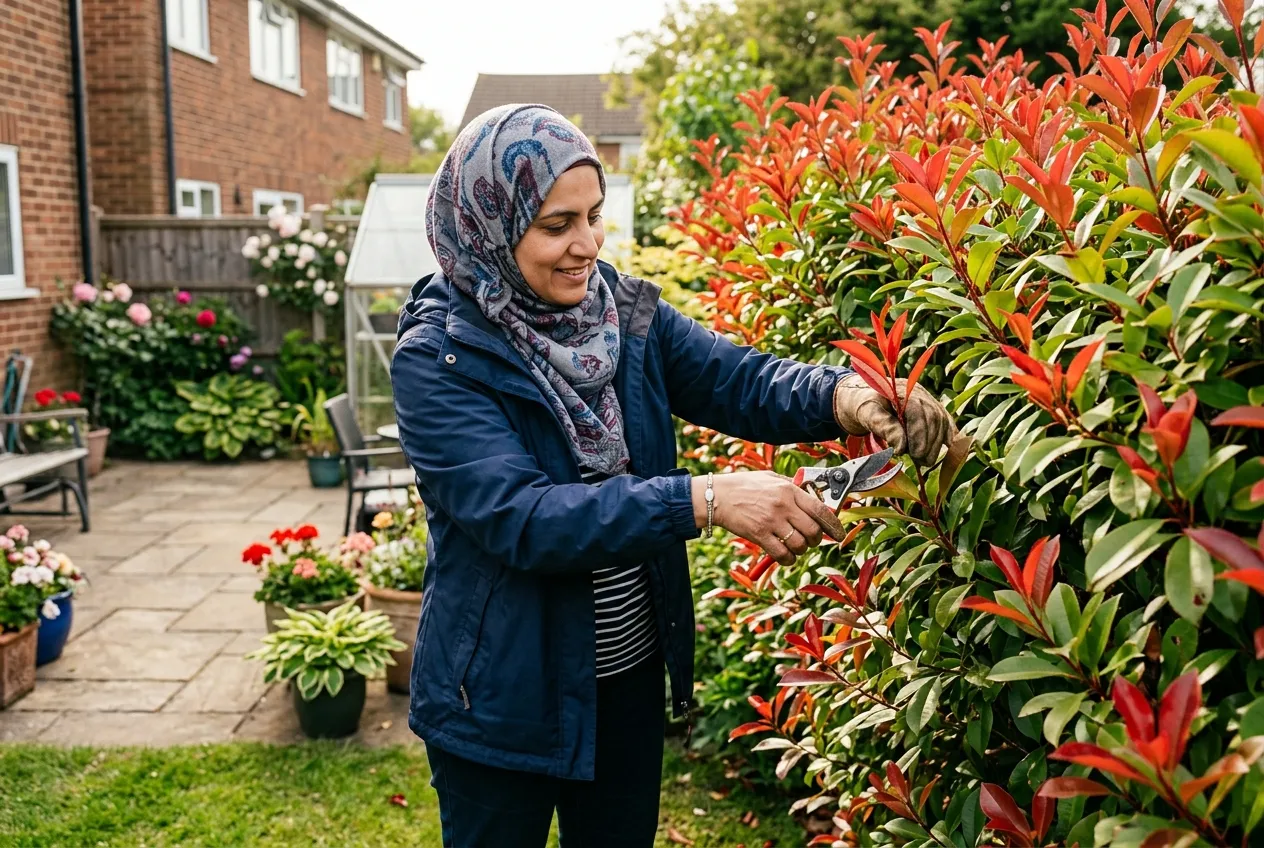 Photinia Red Robin being pruned with secateurs to encourage new red growth in a UK garden