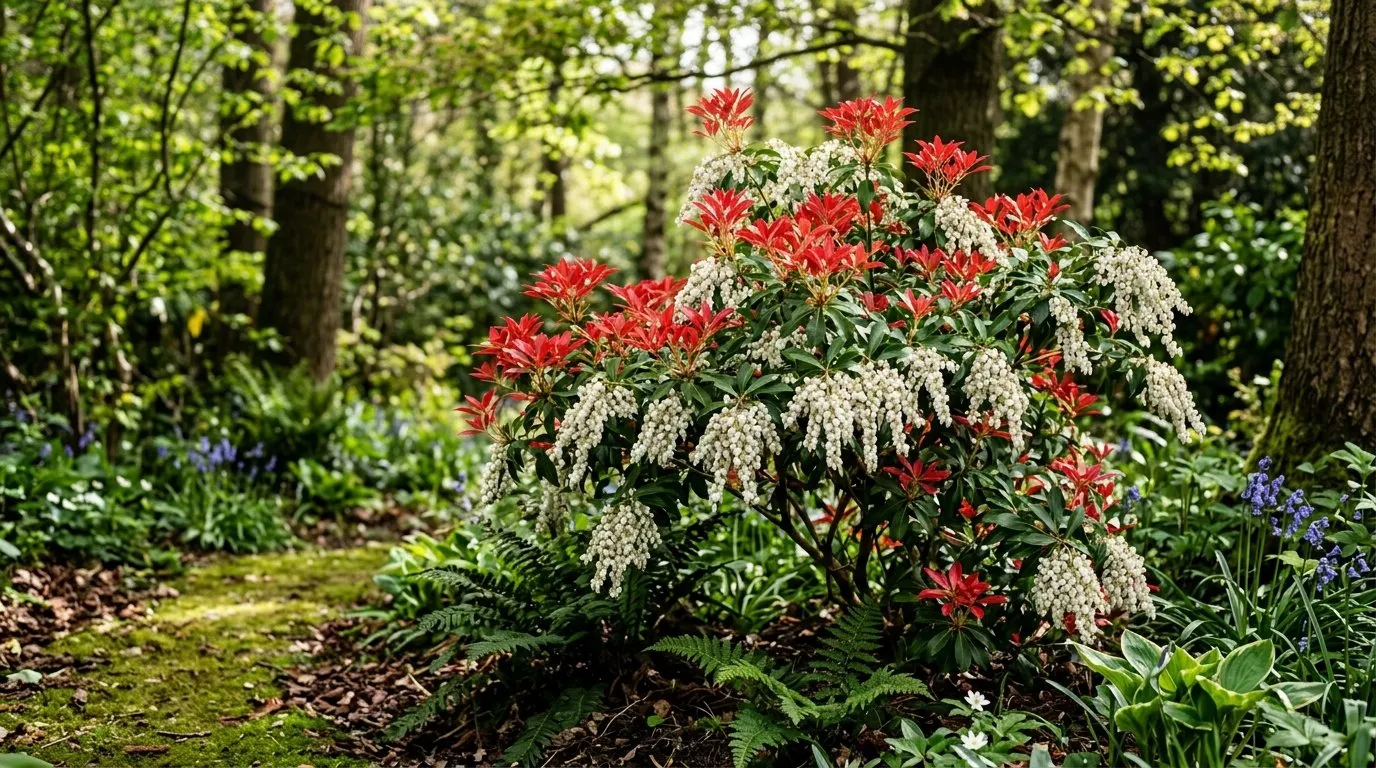 Pieris japonica Forest Flame with bright red new growth and white bell flowers in a UK garden