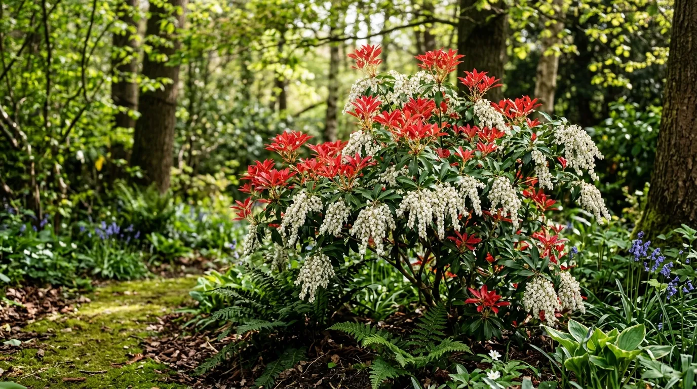 Pieris japonica Forest Flame showing vivid red new growth and white bell flowers in a spring UK garden