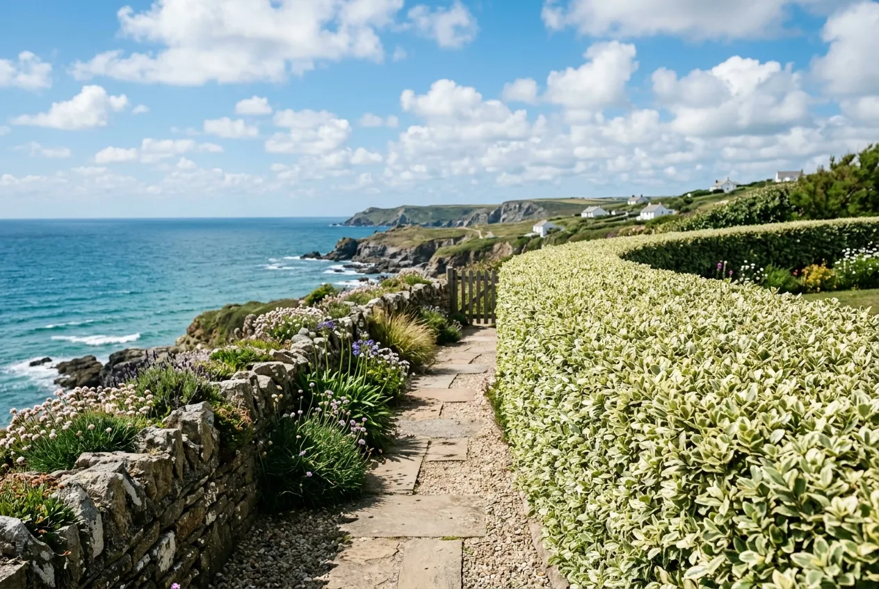 Variegated pittosporum hedge growing along a coastal garden path in south-west England with sea views