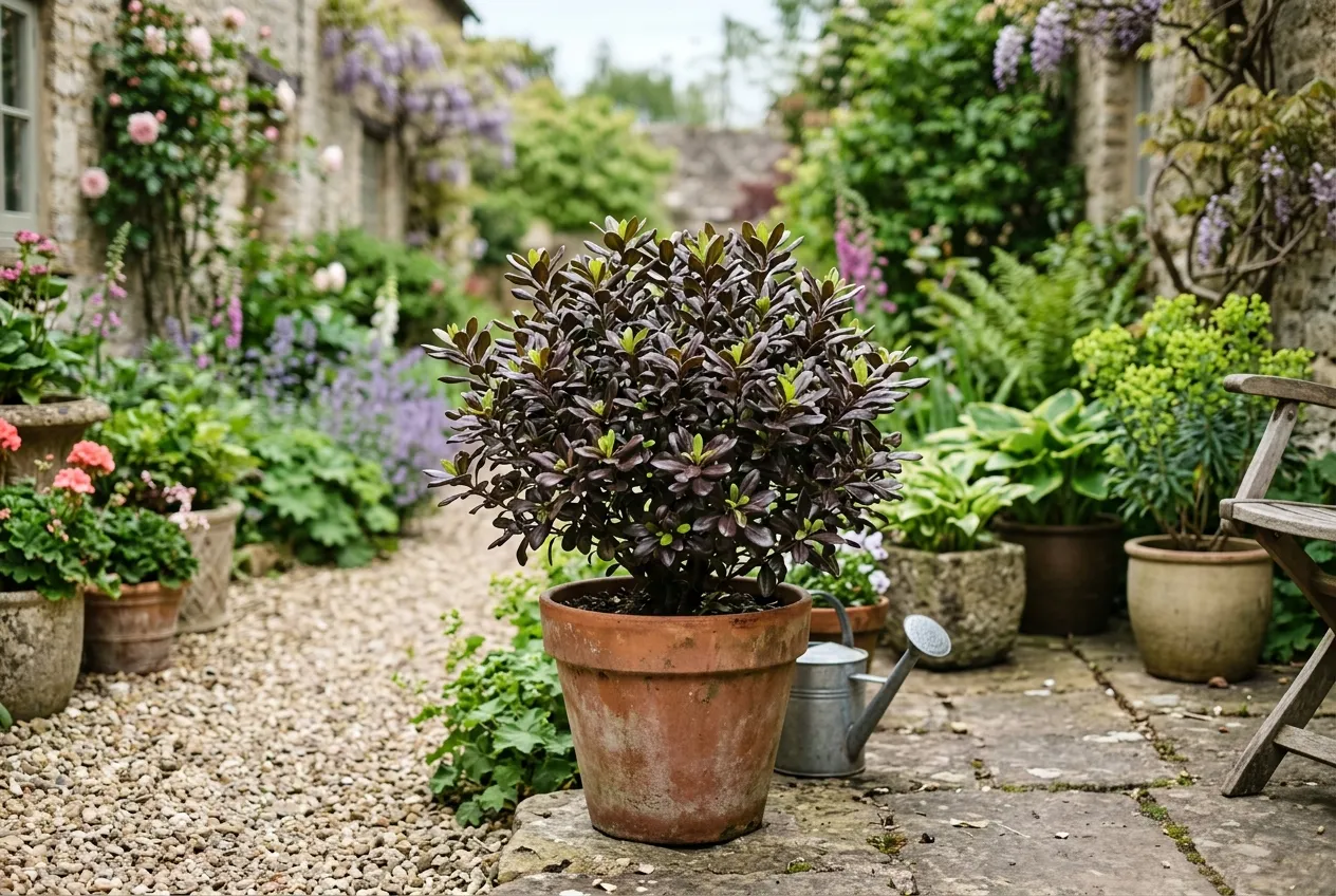 Pittosporum Tom Thumb growing in a terracotta pot on a UK cottage garden patio with bronze-purple leaves