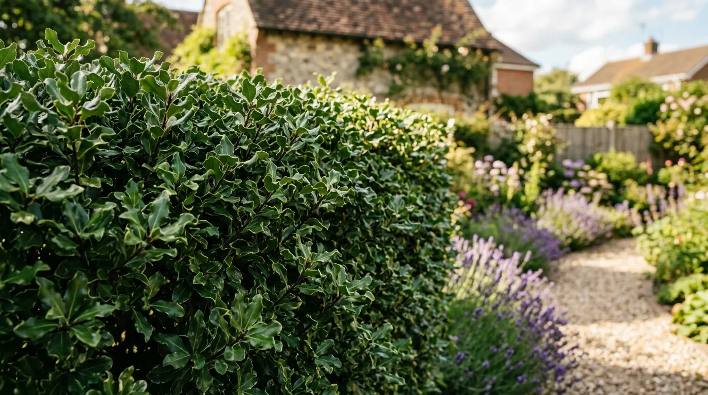 Pittosporum tenuifolium hedge growing in a UK suburban garden with wavy dark green leaves