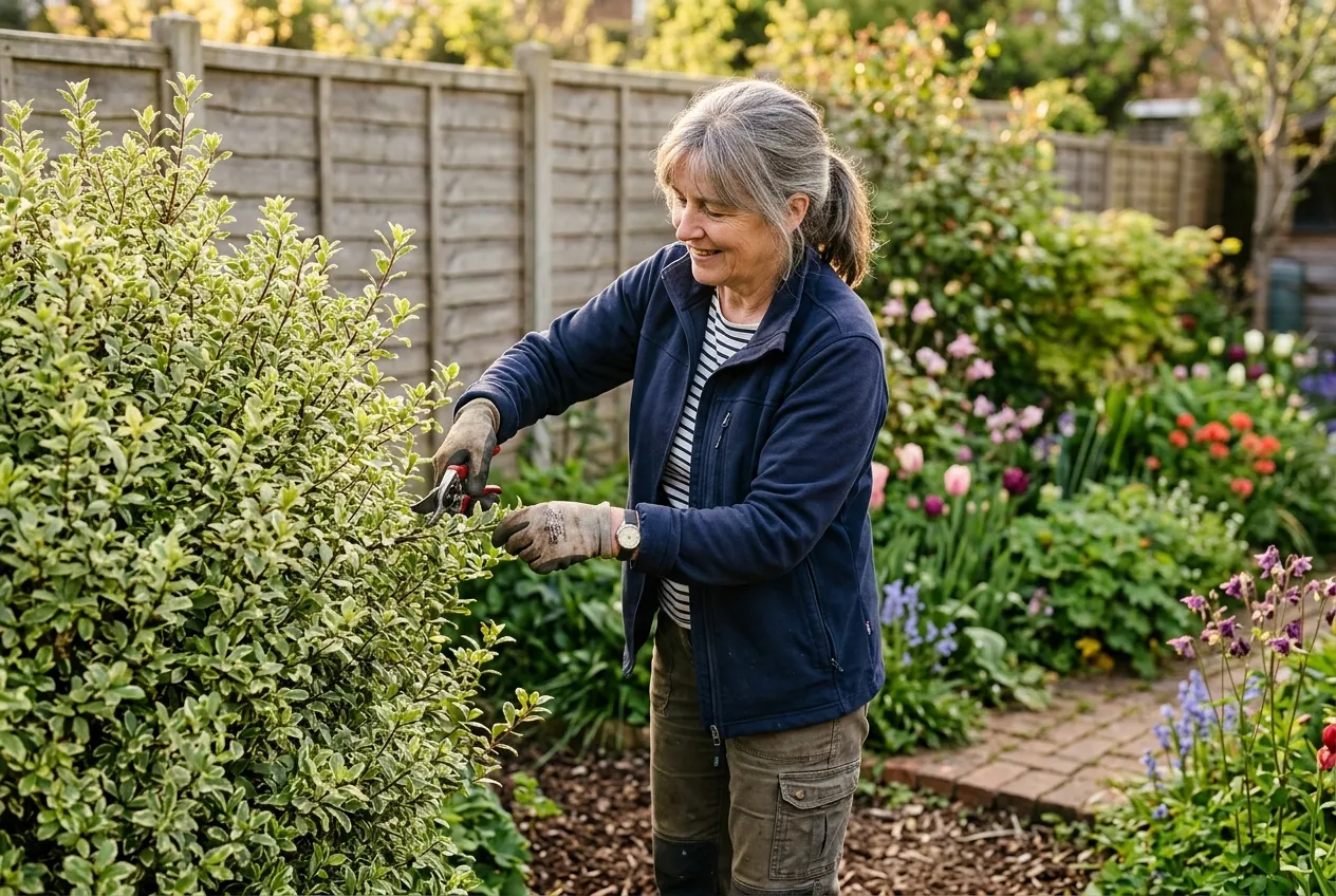 A gardener pruning pittosporum with secateurs in a UK suburban garden during spring