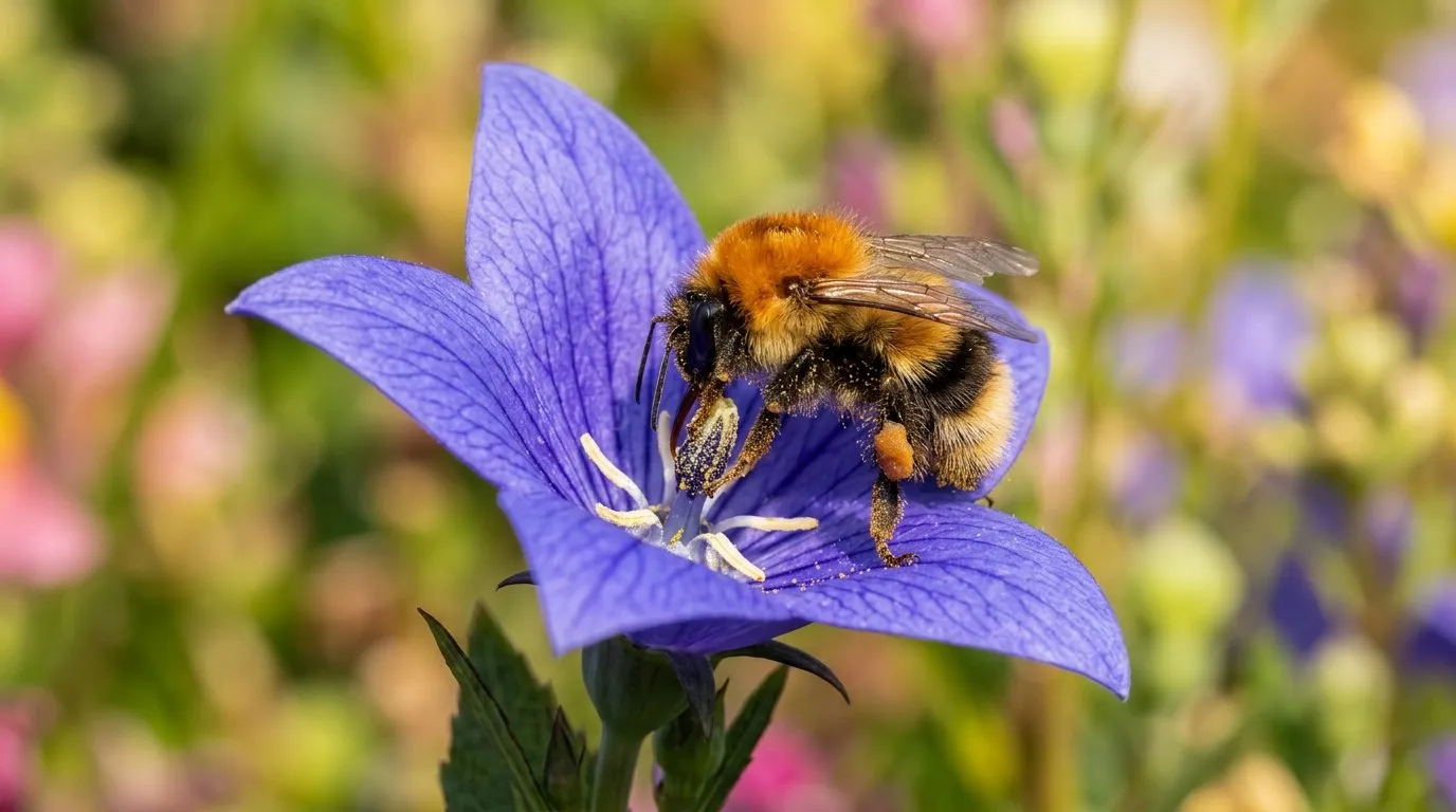 A bumblebee working an open blue platycodon star bell in a sunny allotment border