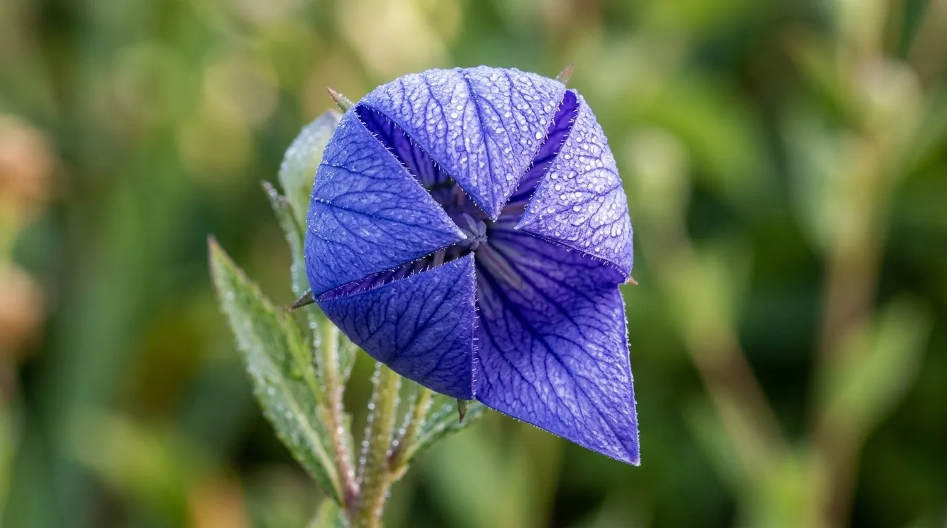 Macro of a single platycodon balloon bud splitting open into a blue five-pointed star bell