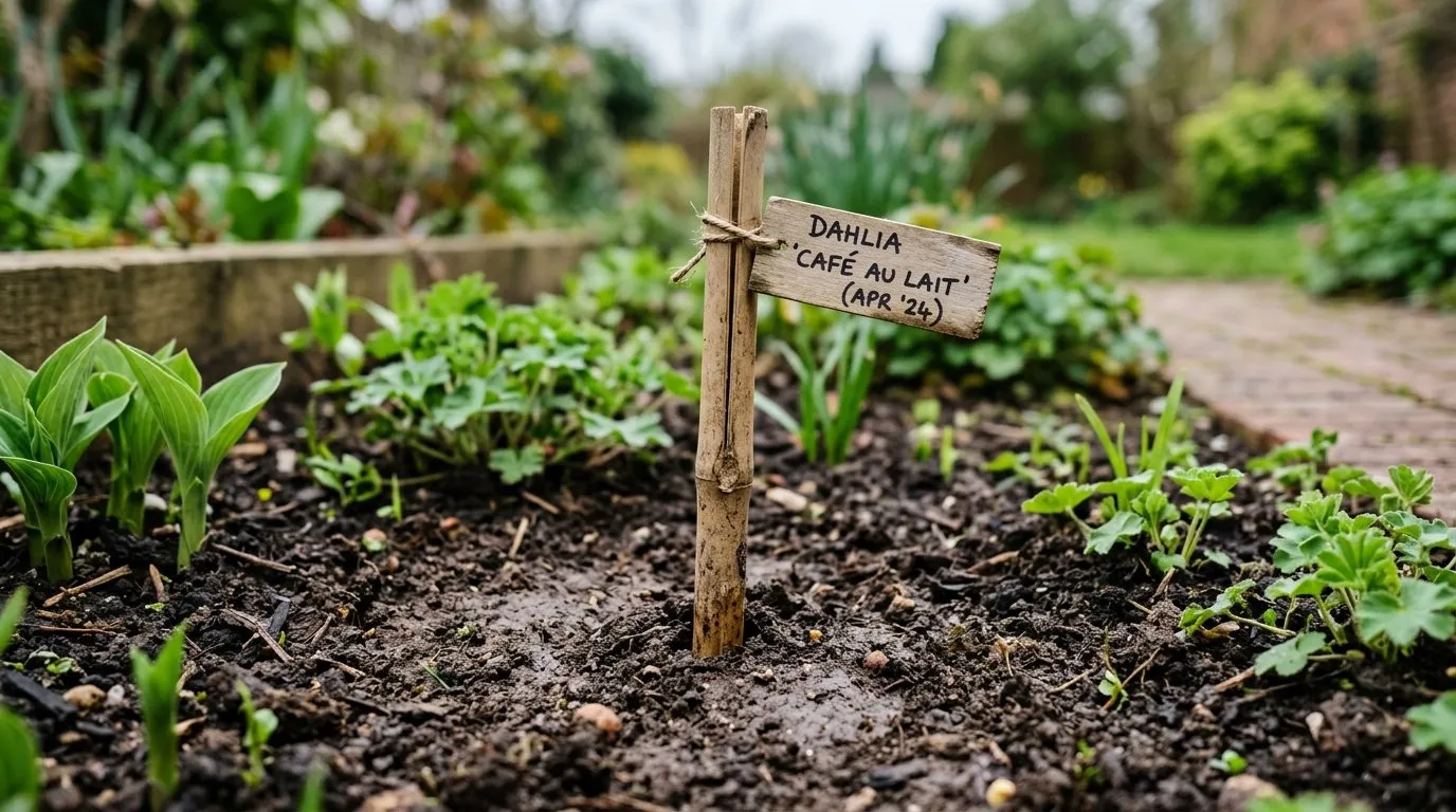 Marker cane pushed into bare spring soil where a platycodon crown is still dormant in a UK border