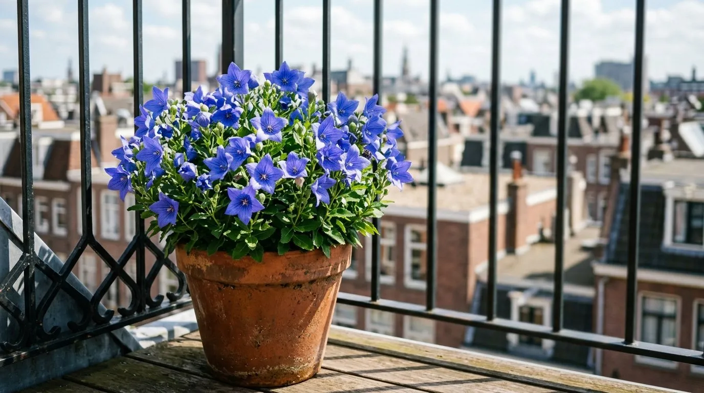Dwarf platycodon 'Sentimental Blue' flowering in a terracotta pot on a city balcony