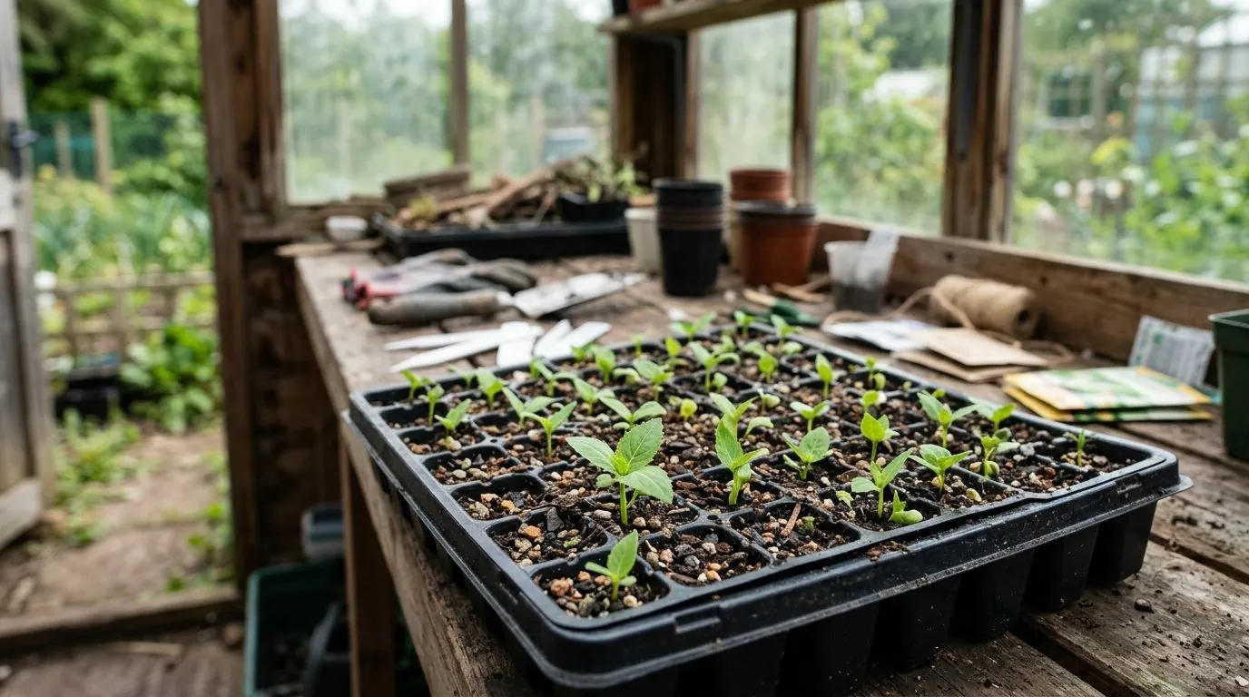 Healthy platycodon seedlings in cell trays ready for potting on, raised on an allotment in the West Midlands