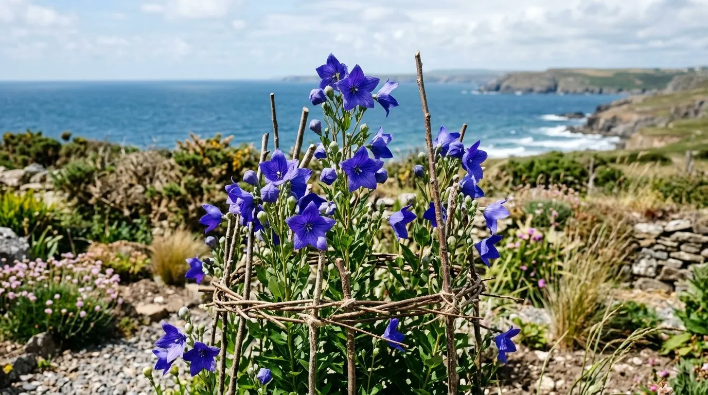 A staked clump of tall blue platycodon flowering in a windy seaside garden on the Pembrokeshire coast