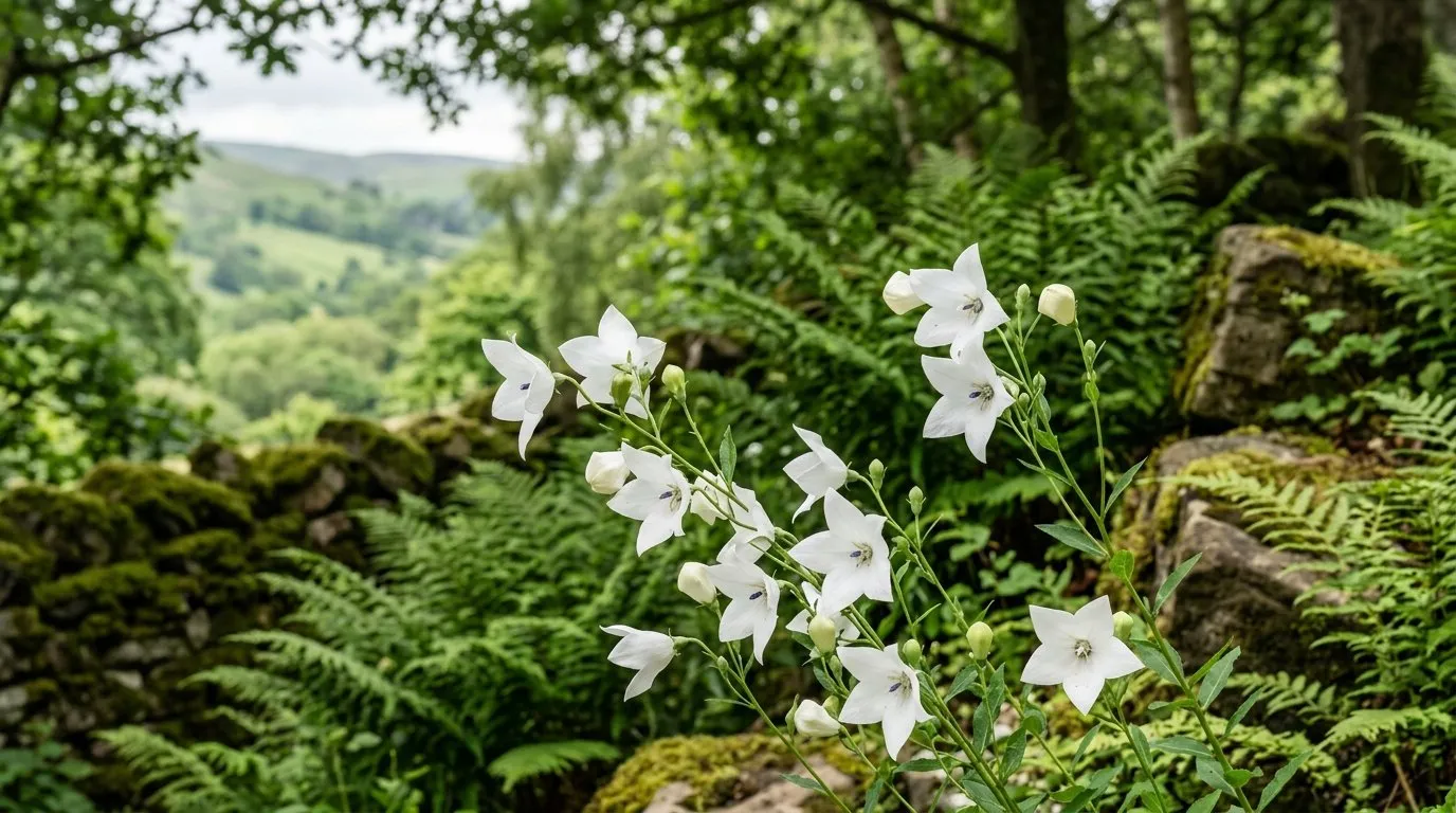 Pure white platycodon flowers opening in dappled part shade in a Welsh valley garden
