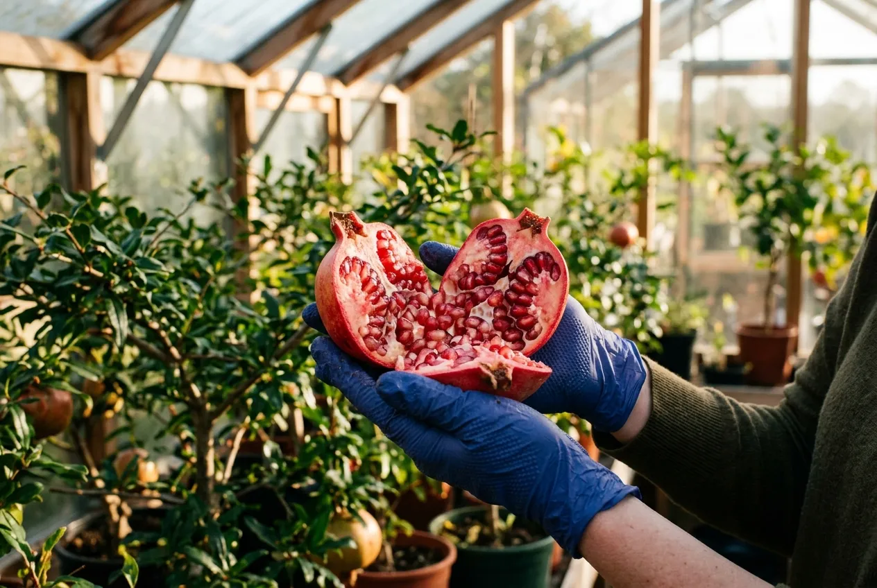 Ripe pomegranate fruit split open showing ruby red arils held in a UK greenhouse