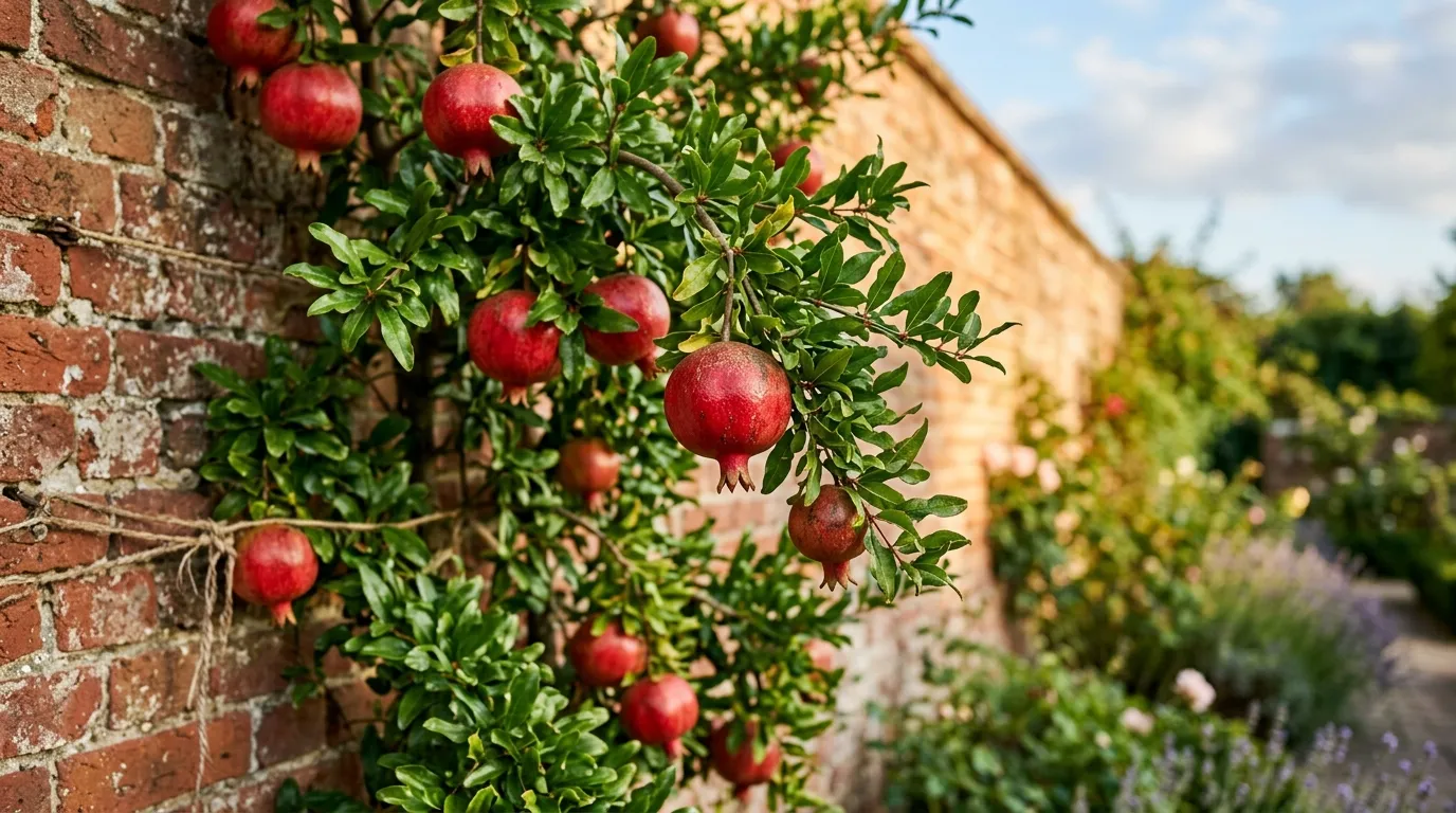 Pomegranate tree growing against a south-facing brick wall in a UK garden with ripe red fruits