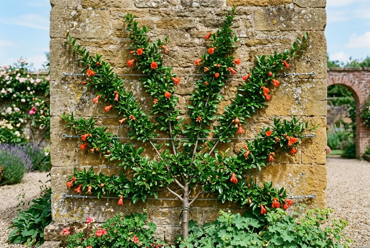 Pomegranate tree fan-trained against a stone wall in an English walled garden with orange-red flowers