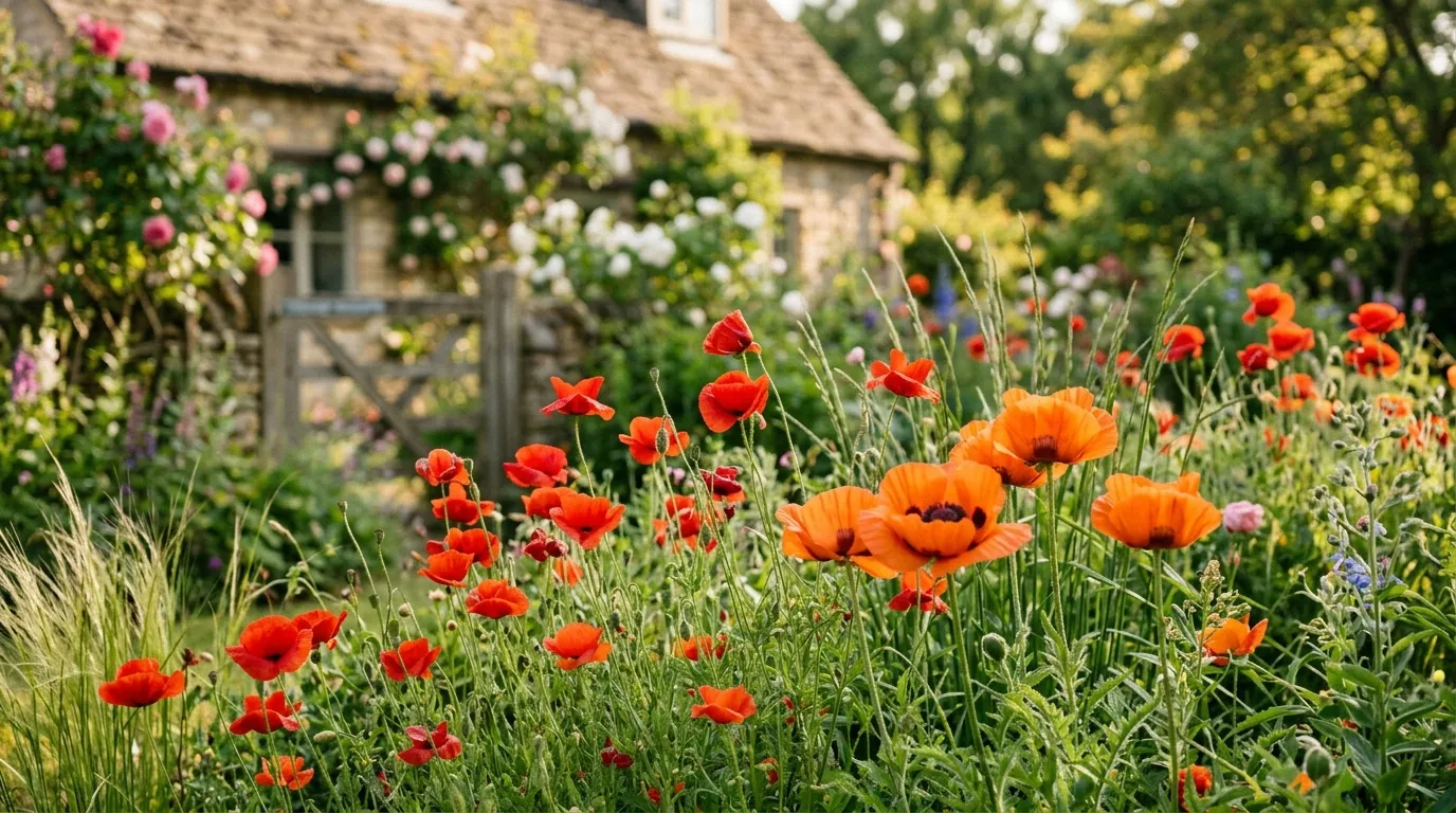 How to grow poppies in the UK with red field poppies and orange oriental poppies blooming in a cottage garden border