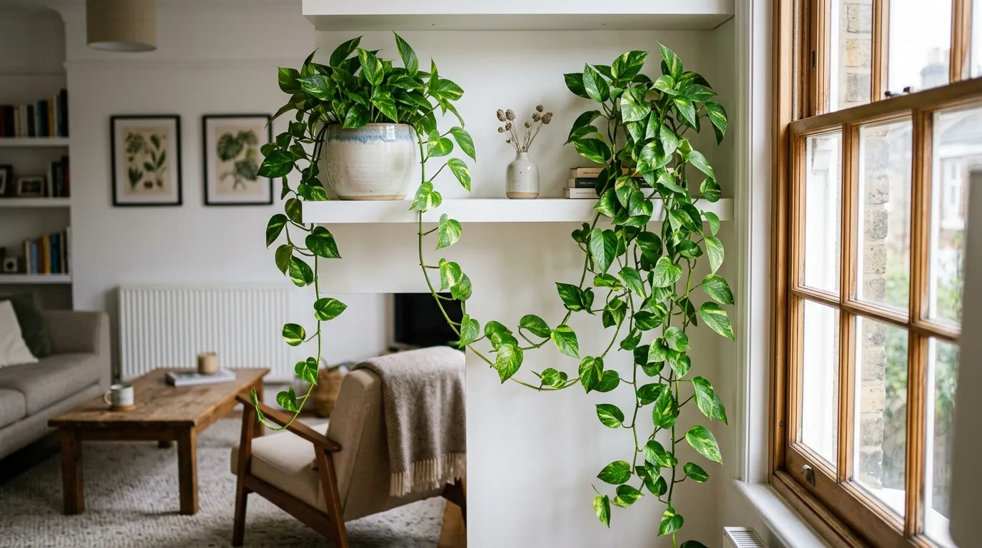 Golden pothos houseplant trailing from a white shelf in a bright UK living room with natural window light