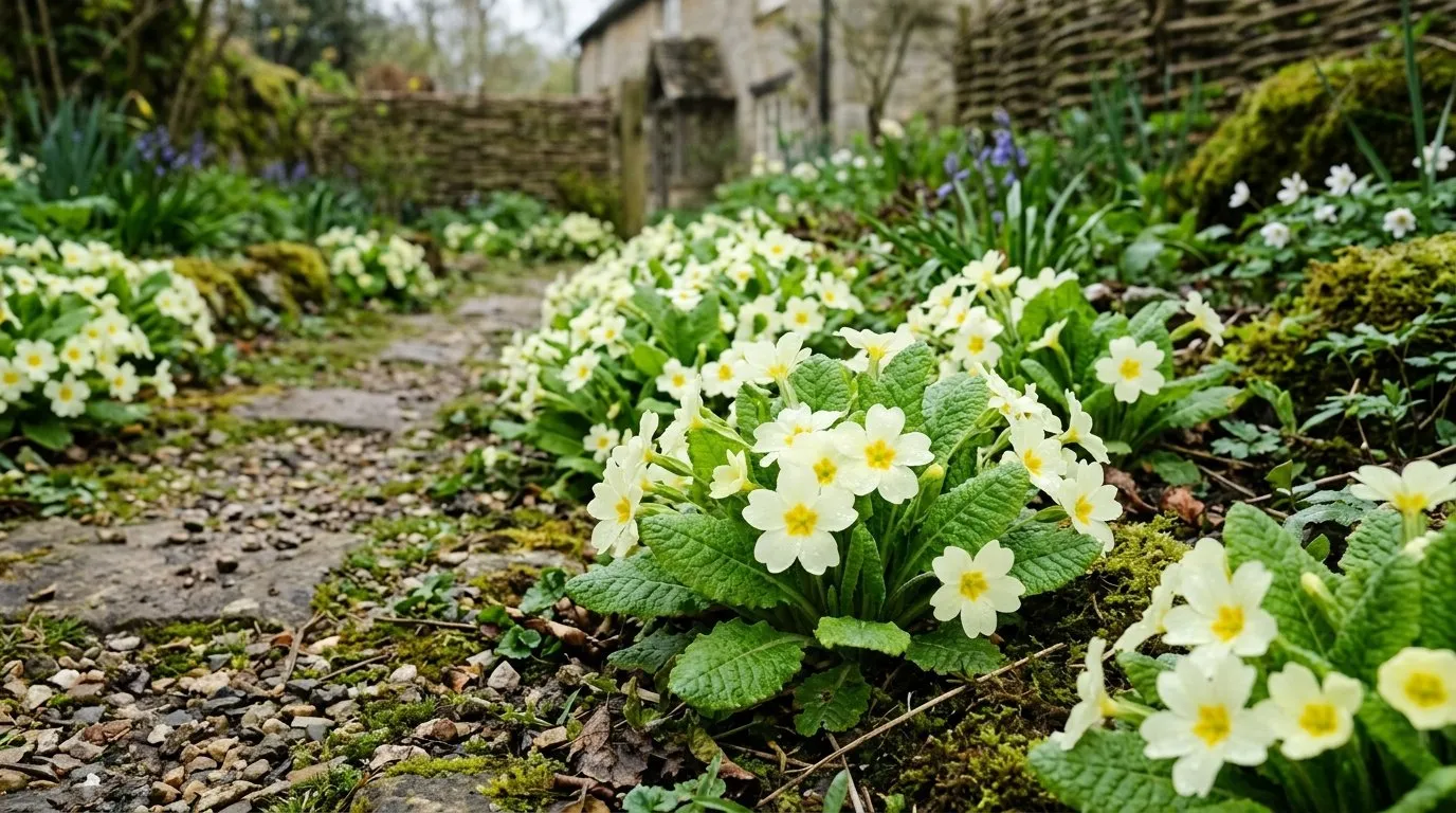 Native English primroses with pale yellow flowers flowering along a UK garden path in early spring