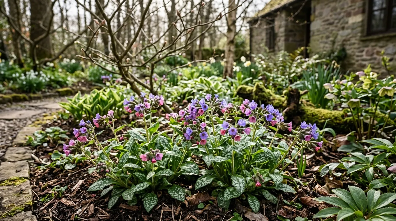 Pulmonaria lungwort flowering in a shady UK cottage garden border with pink and blue spring flowers
