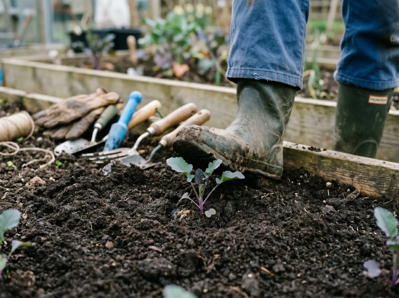 A gardener firming soil hard around a young purple sprouting broccoli transplant with a heel on a raised allotment bed