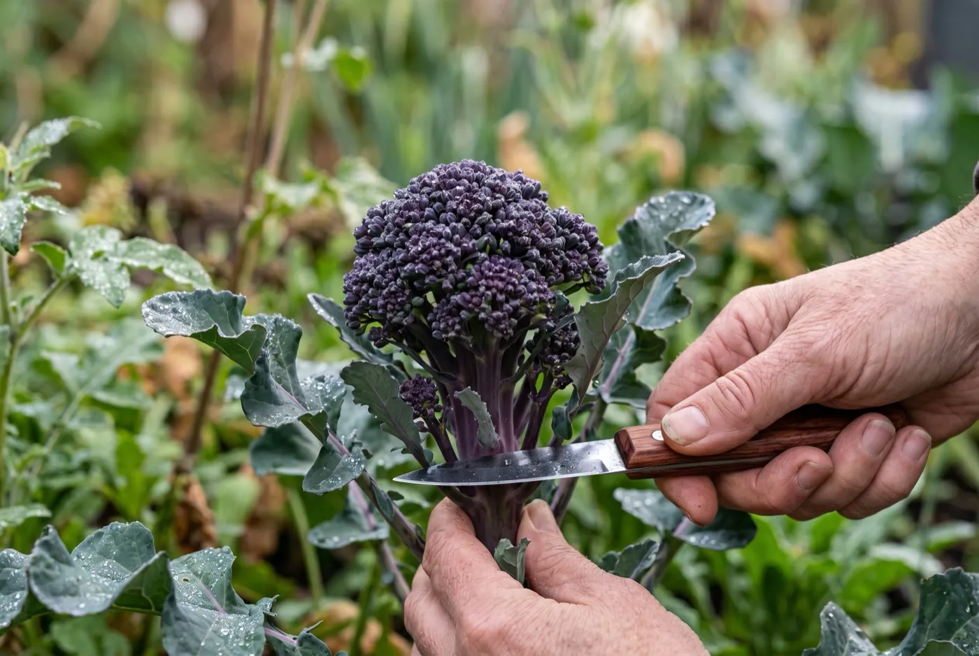 Close up of a hand cutting a tight purple central spear of sprouting broccoli with a knife, buds still closed
