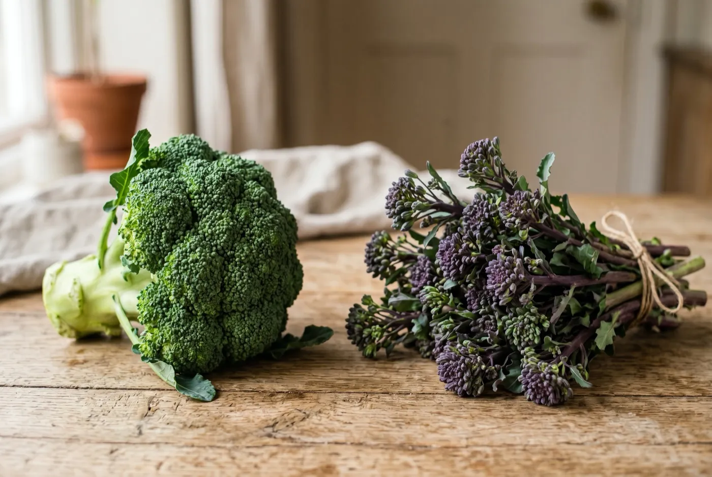 Side by side comparison of a single green calabrese head and a cluster of small purple sprouting broccoli spears