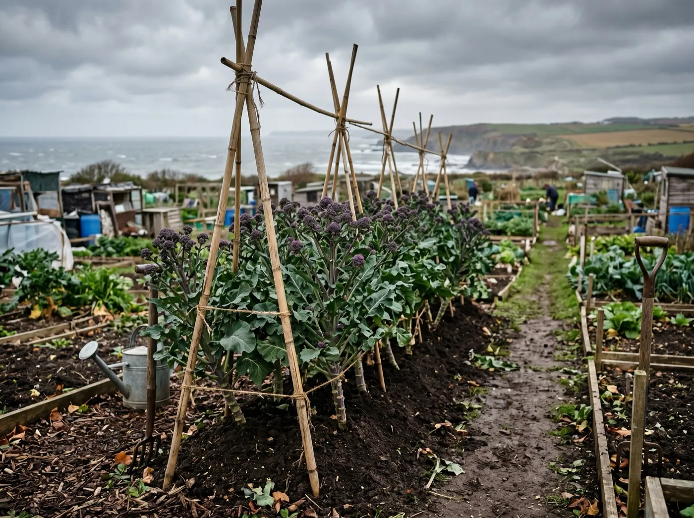 Tall staked purple sprouting broccoli plants earthed up against winter wind on an exposed UK allotment