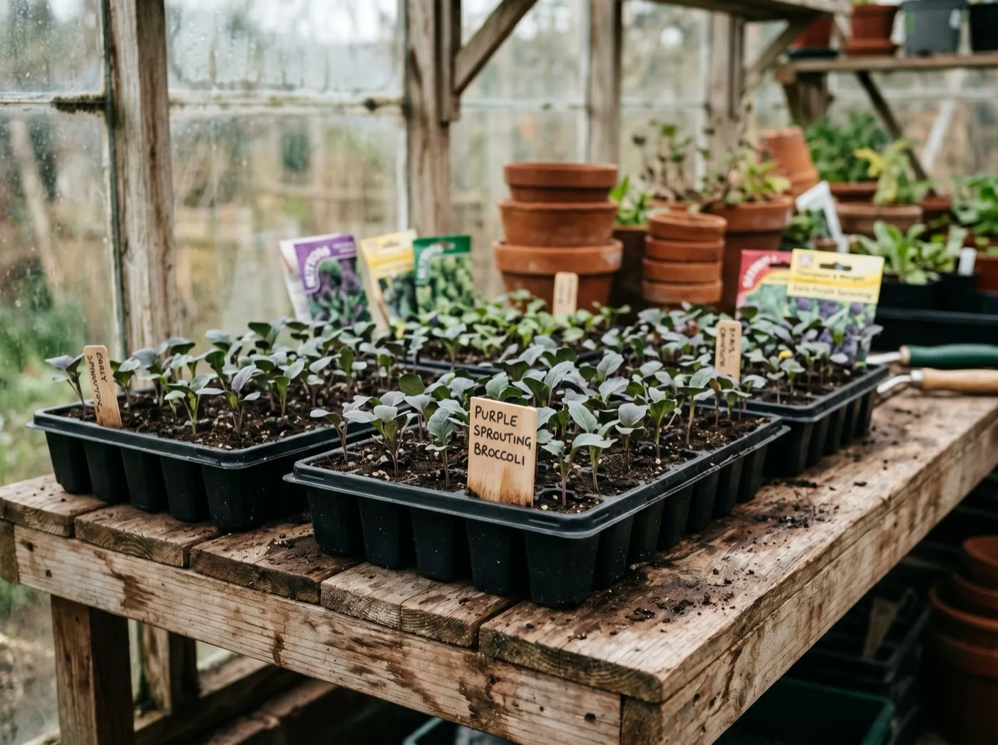 Three labelled module trays of purple sprouting broccoli seedlings showing early, mid and late varieties side by side