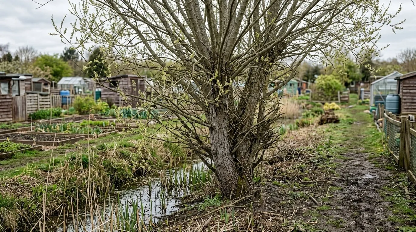 A wide view of a vigorous Salix caprea goat willow growing as a small multi-stemmed tree beside a damp ditch at the edge of a Staffordshire allotment in spring