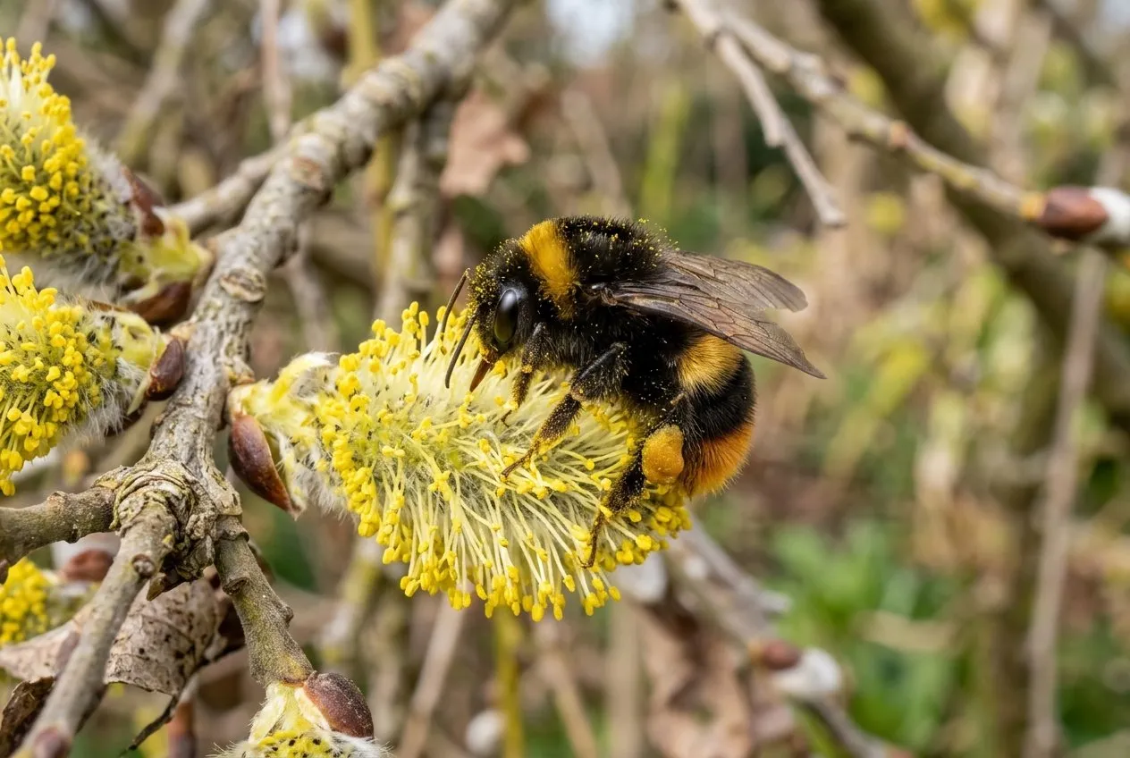 A queen buff-tailed bumblebee feeding on the yellow pollen of an open goat willow catkin in early spring in a Staffordshire wildlife garden