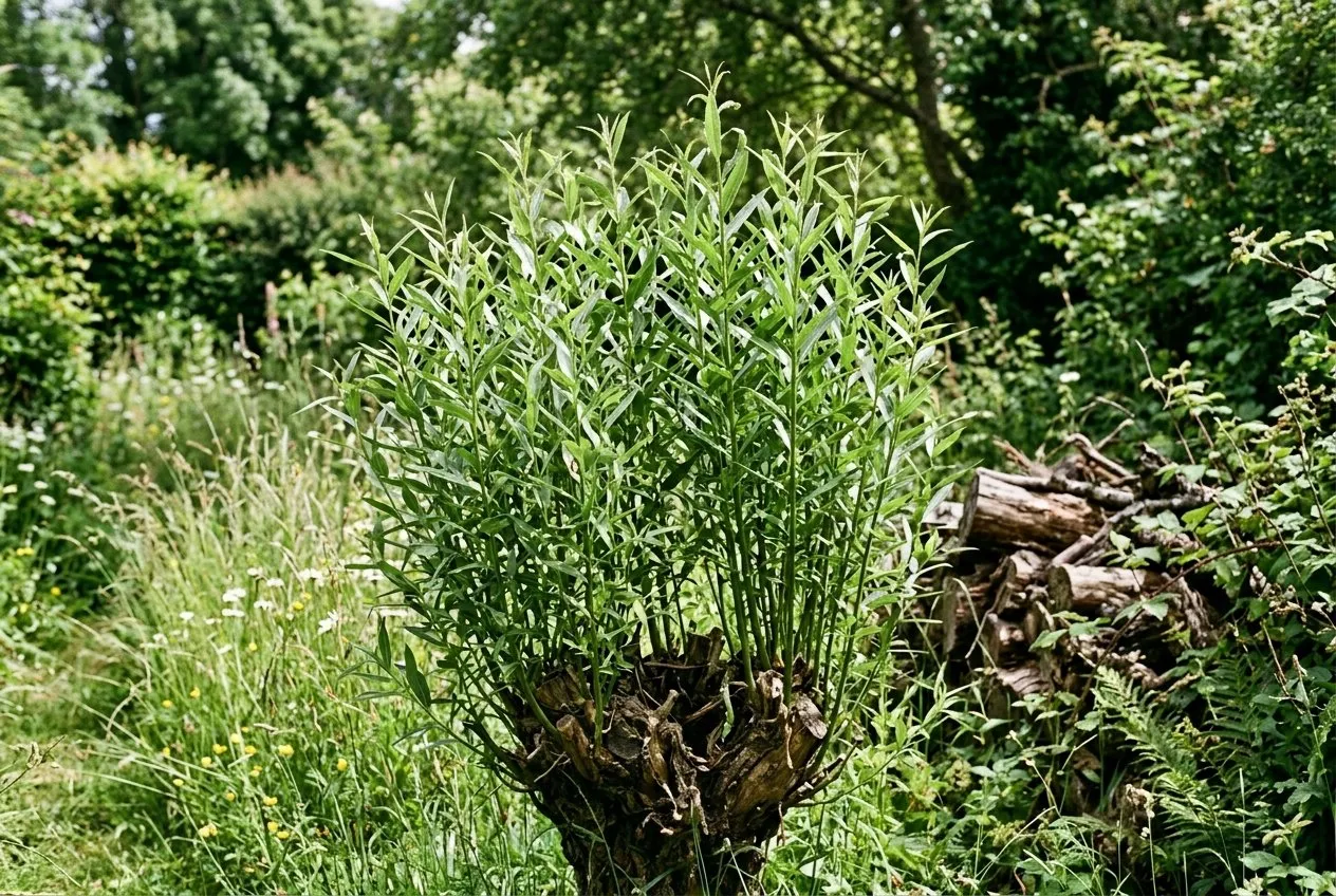 A coppiced grey willow stool in early summer at Staffordshire, sending up a dense cluster of straight fresh green wands from a low cut base in a wildlife garden