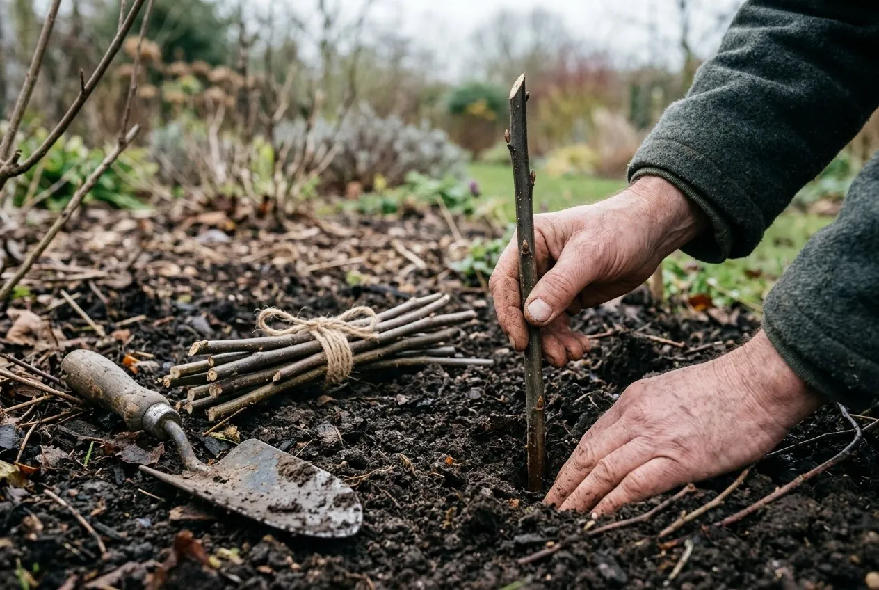 A gardener pushing a 30cm hardwood pussy willow cutting into moist dark soil in a Staffordshire border in winter, with a bundle of trimmed willow stems beside it