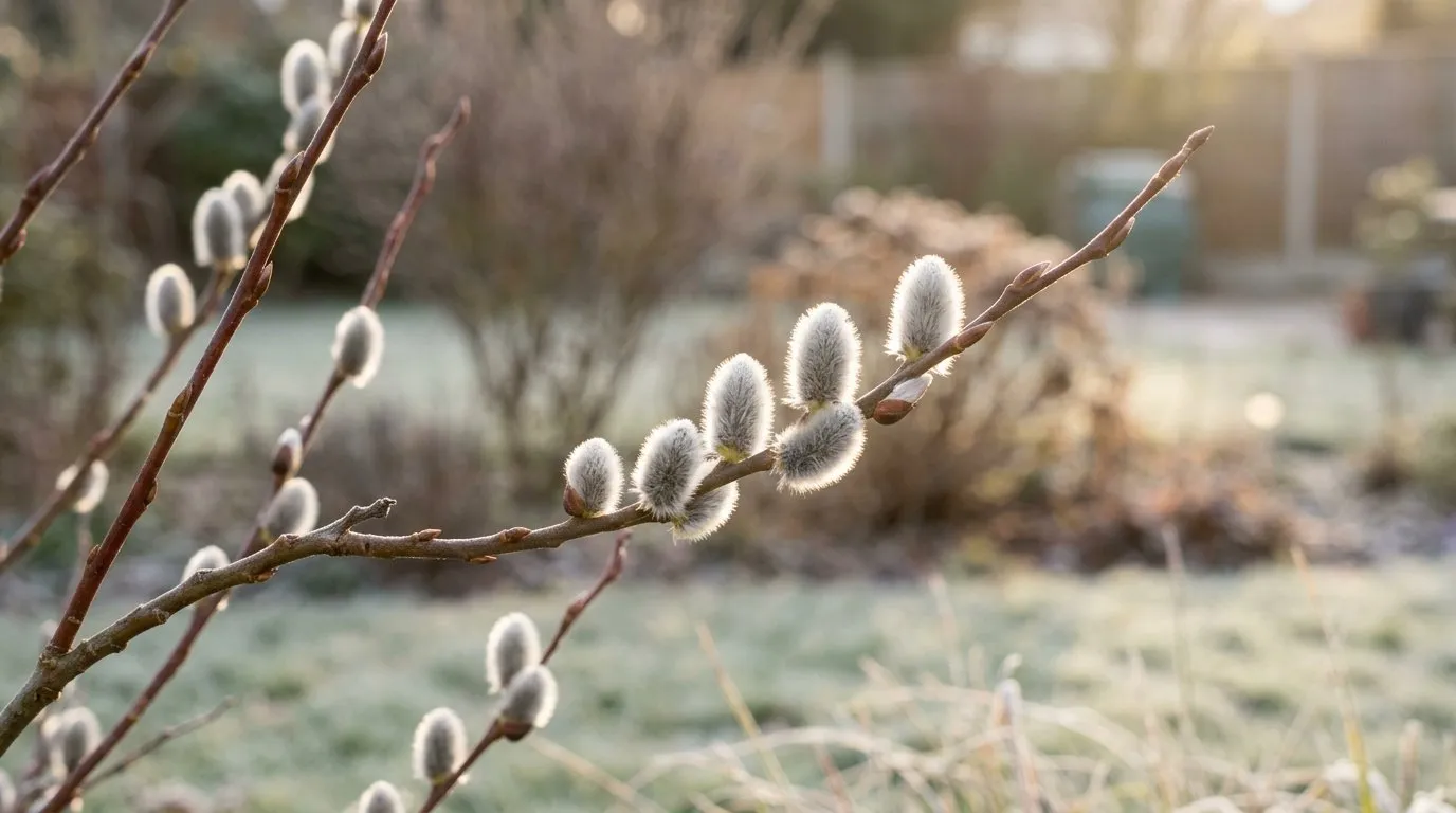 Silvery silky pussy willow catkins backlit by low winter sun on bare Salix caprea stems in a Staffordshire garden in late February