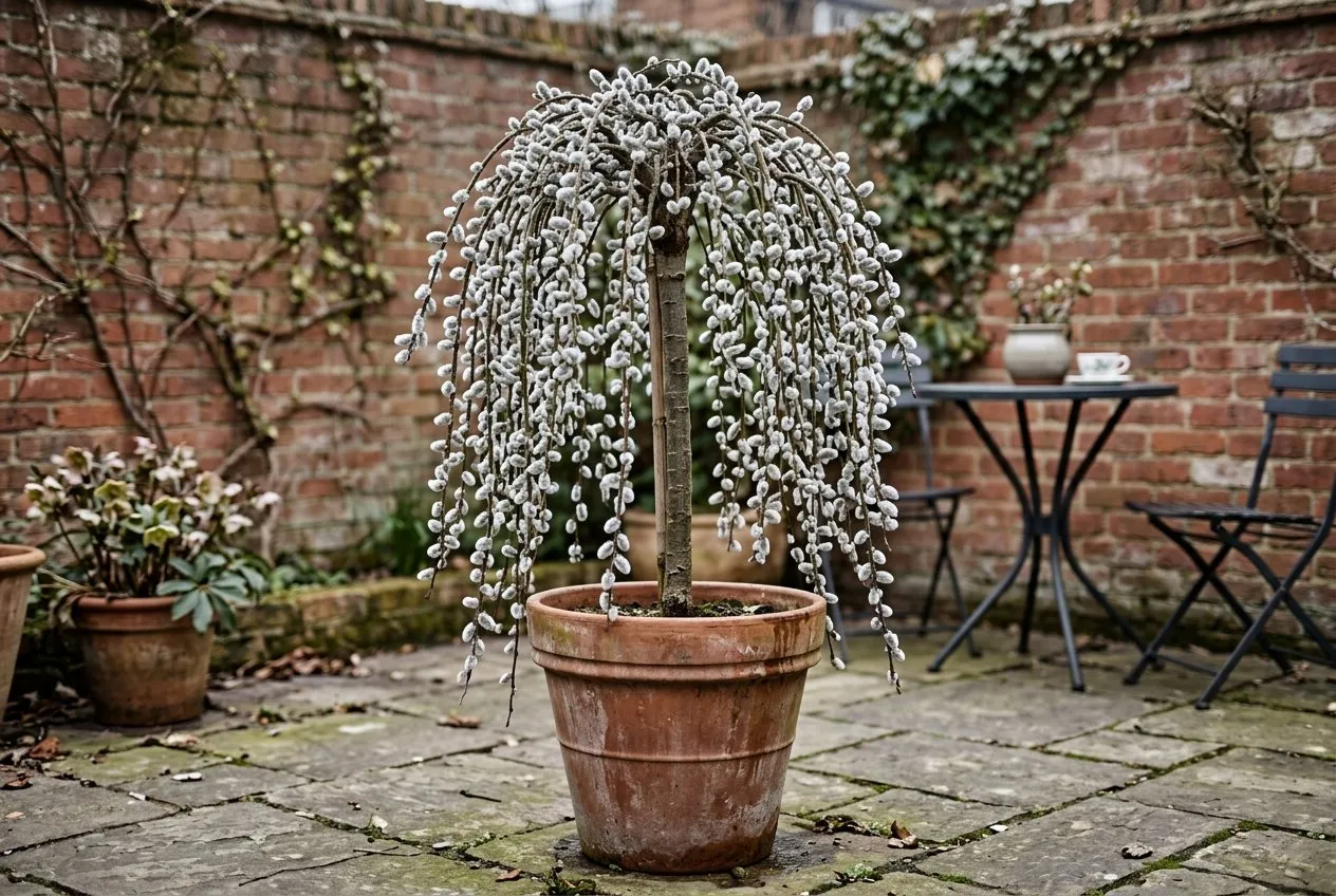 A Salix caprea 'Kilmarnock' weeping standard in full silvery catkin in a large terracotta pot on a small city courtyard patio in late winter