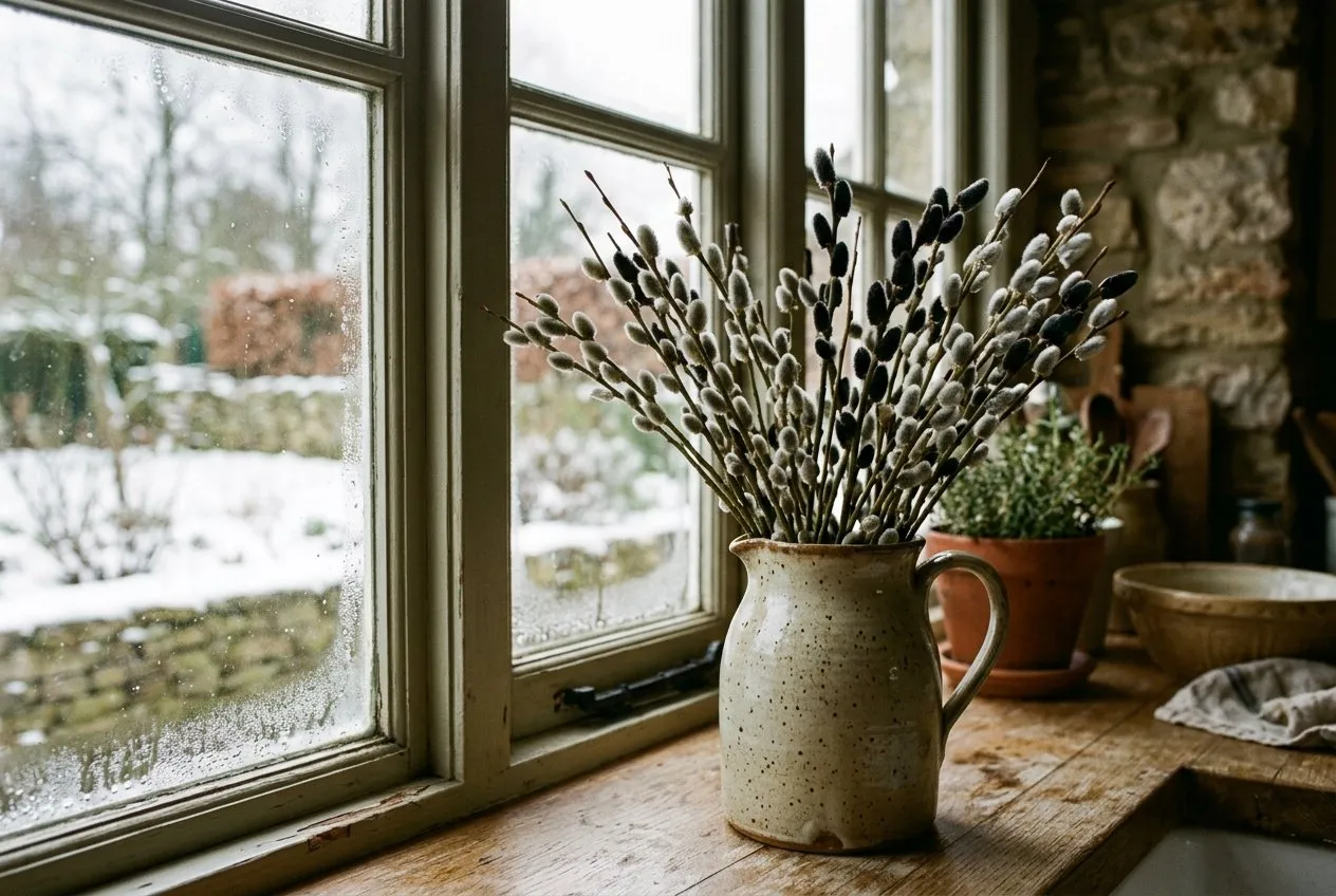 A jug of cut pussy willow stems with silvery and dark Salix melanostachys catkins arranged on a windowsill indoors in a Staffordshire kitchen in late winter