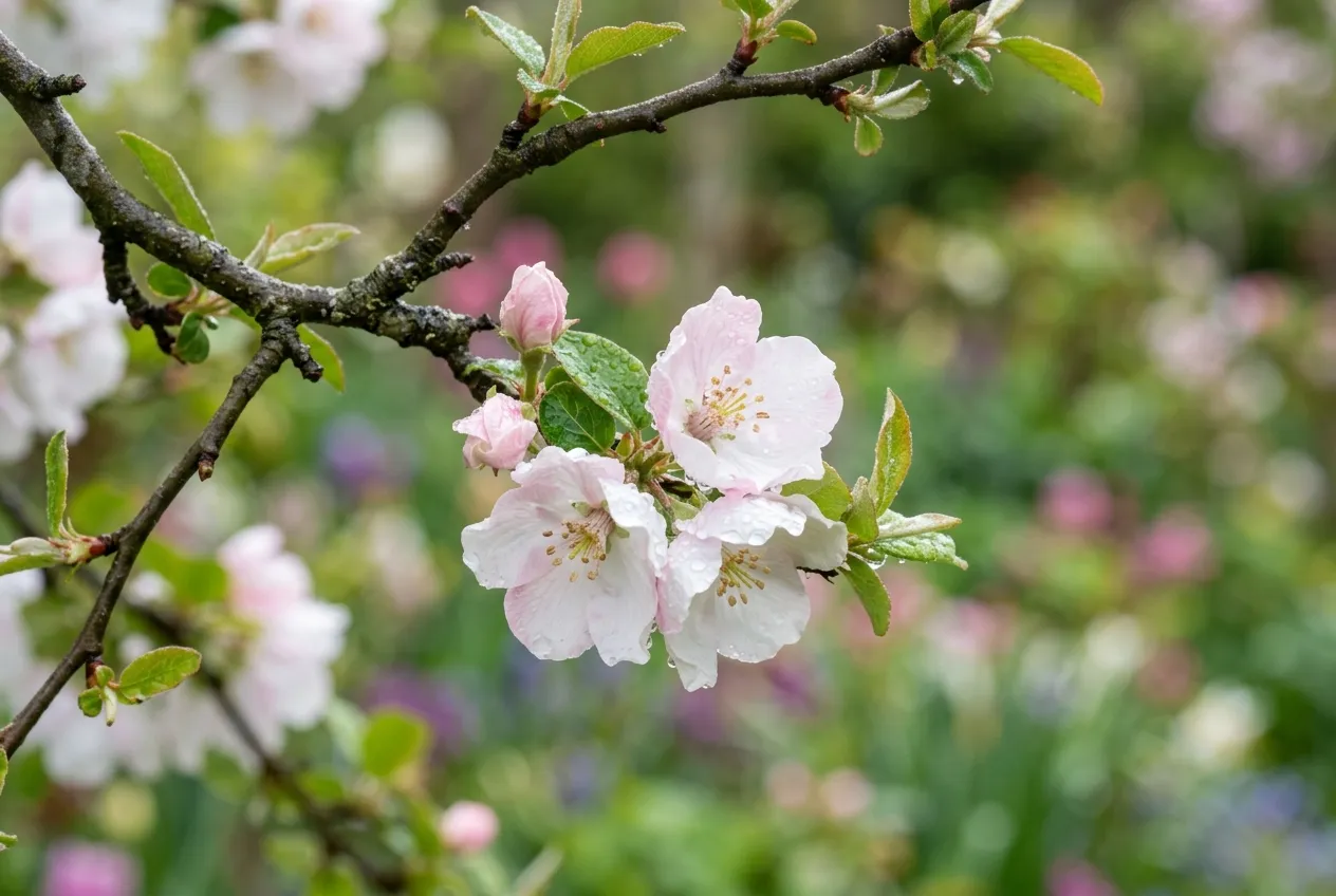 Quince tree blossom with soft pink-white flowers in a UK spring garden