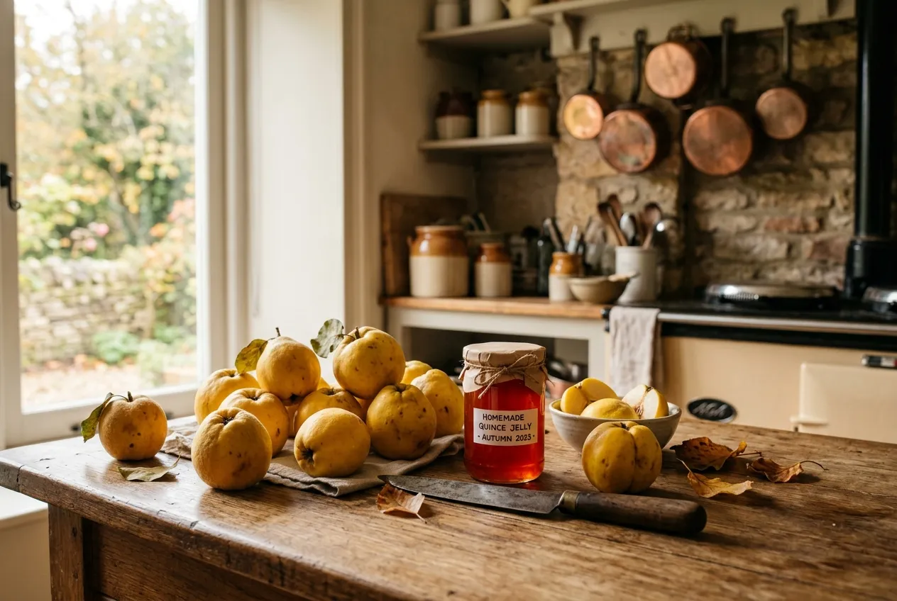 Harvested golden quince fruit on a rustic wooden table with homemade quince jelly