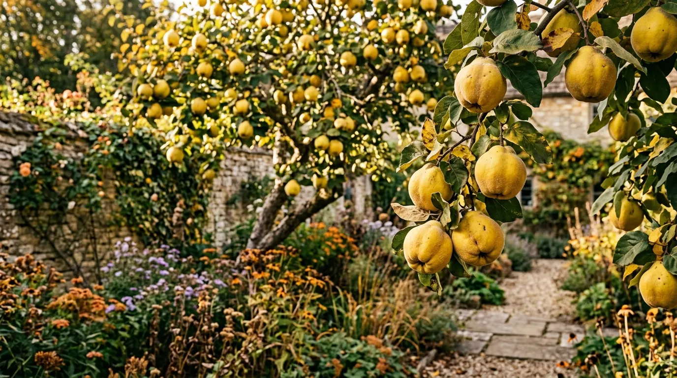 Ripe golden quince fruit on a tree in an English cottage garden during autumn