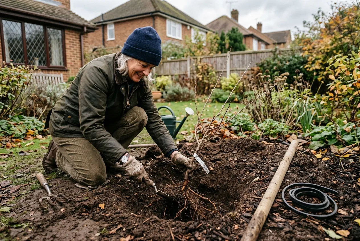 A gardener planting a bare-root quince tree in a prepared hole in a UK garden during autumn