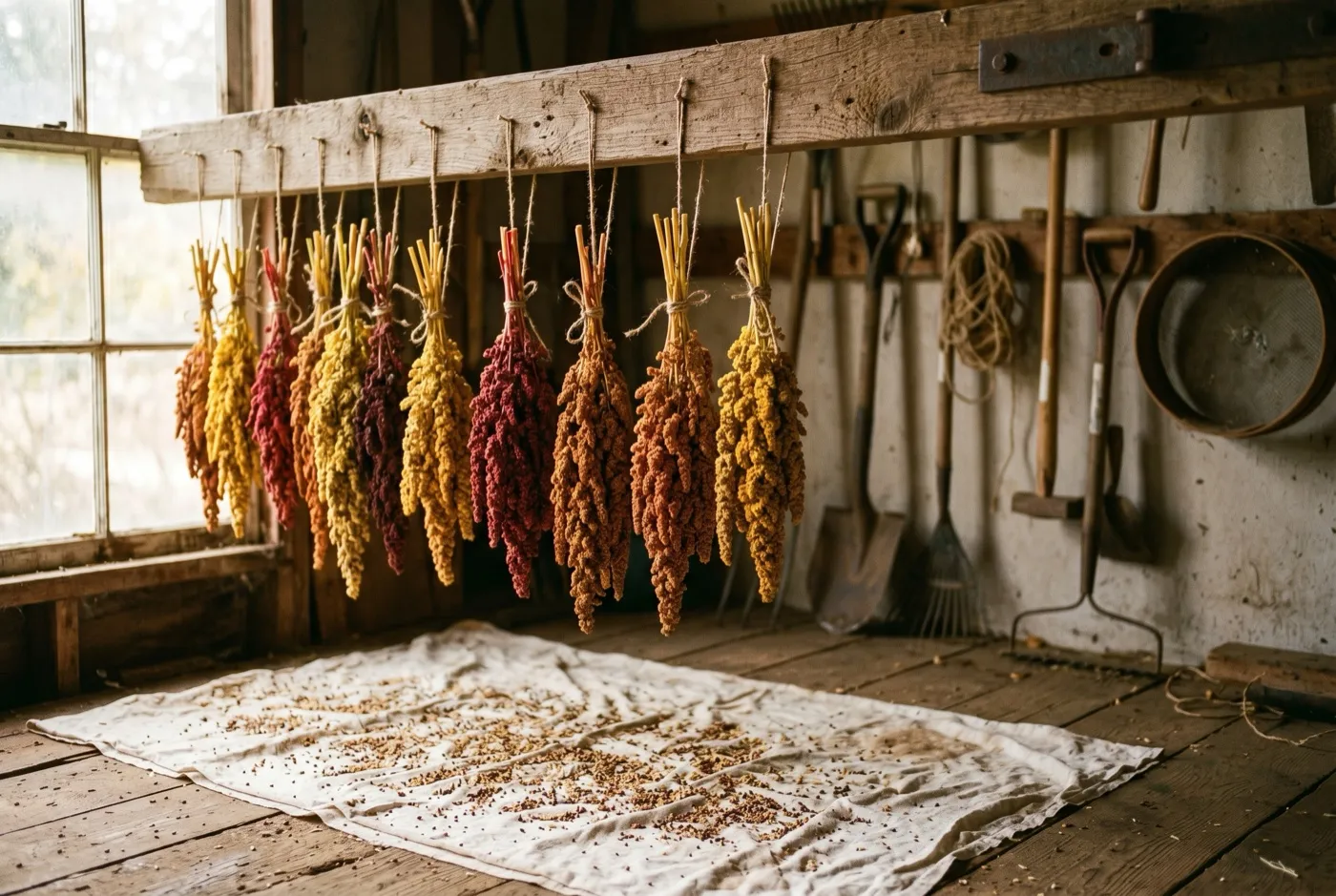 Bundles of quinoa seed heads hanging upside down to dry in a garden shed