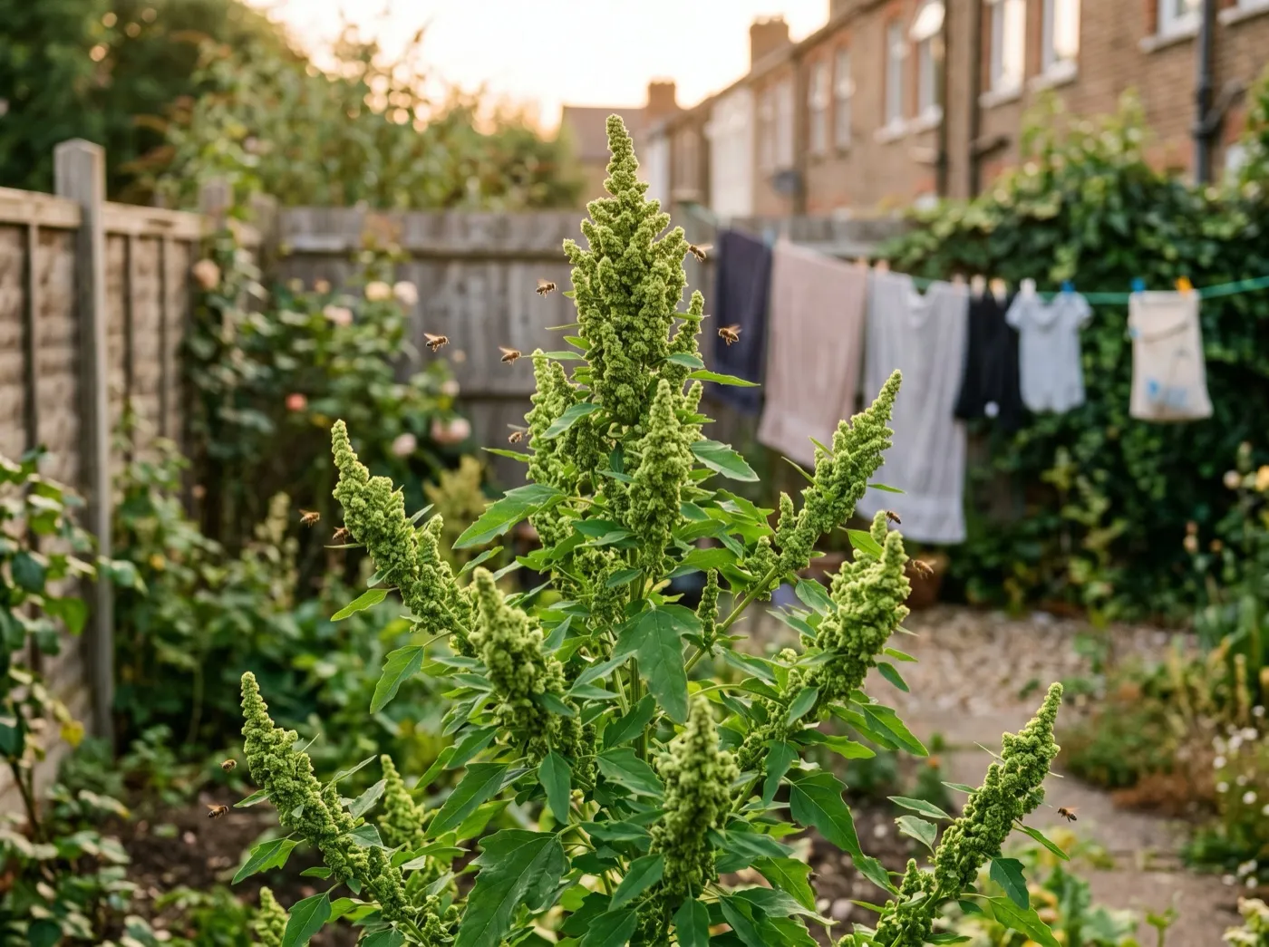 Quinoa plants in full flower with dense green plumes in a UK garden in July