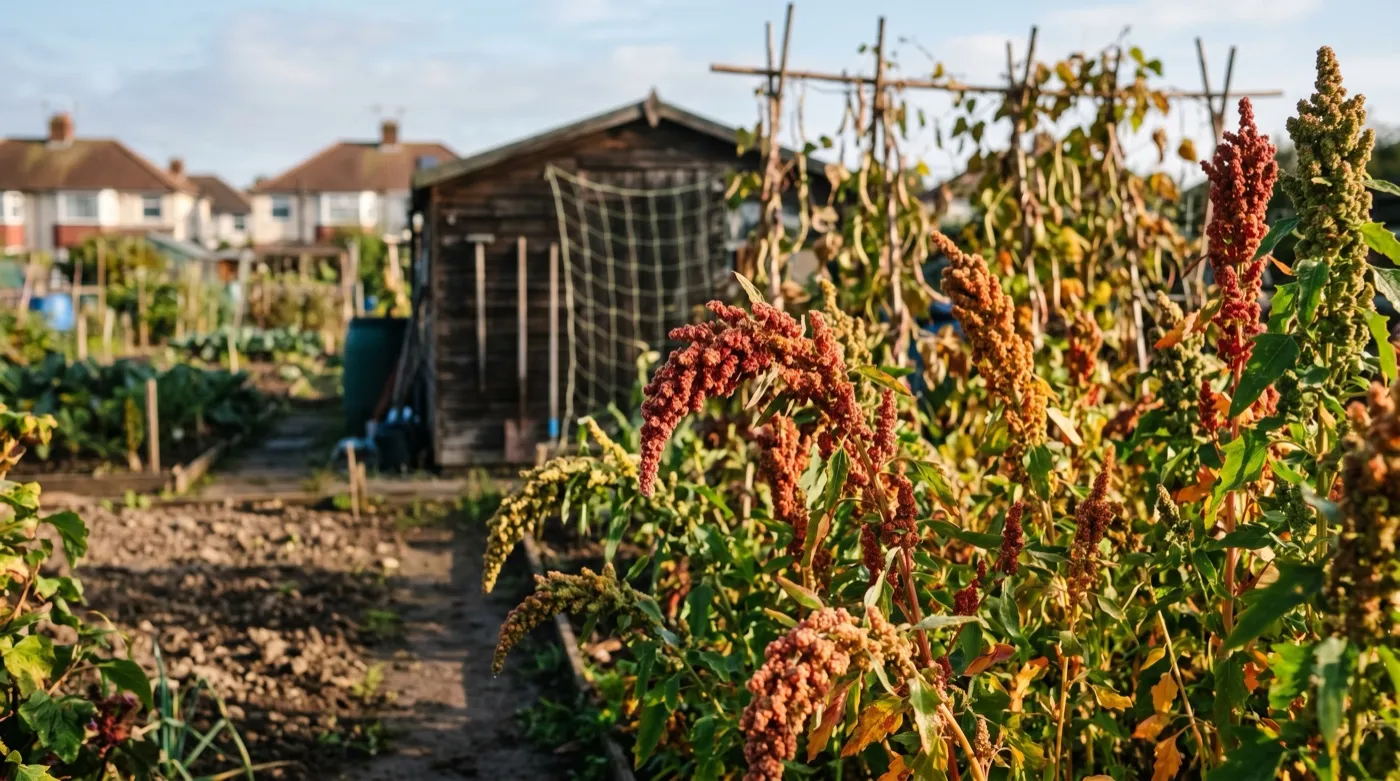 Tall red and gold quinoa seed heads ripening in a UK vegetable plot in September light