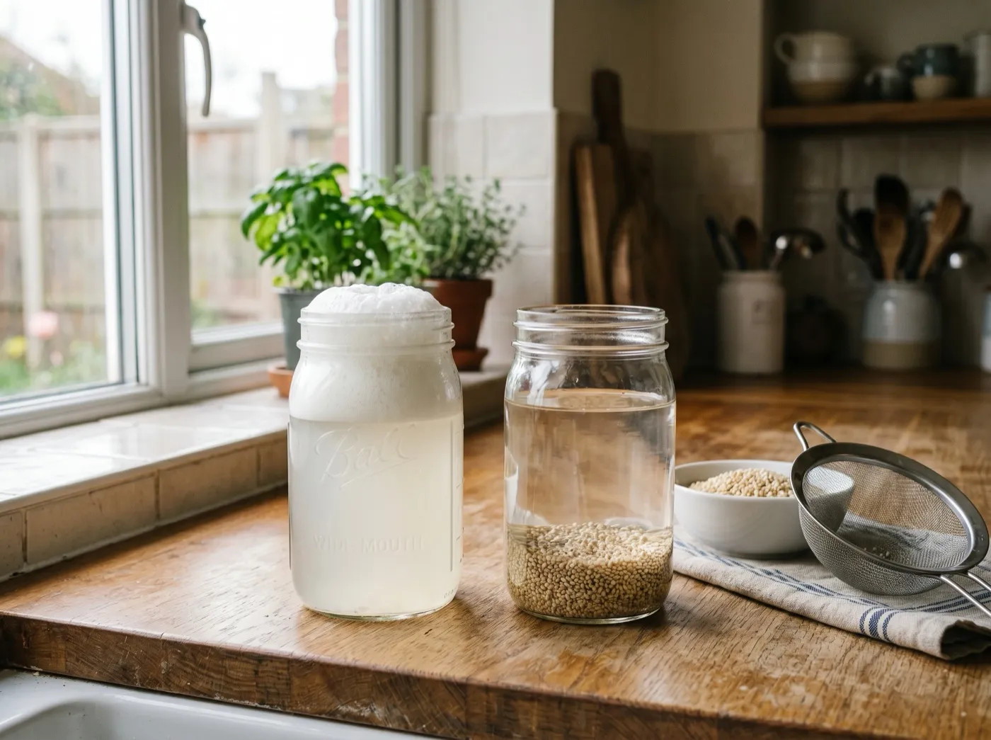 Two jars of quinoa rinse water side by side, one foaming white and one clear