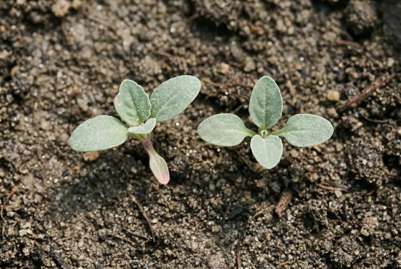 Quinoa seedling and fat hen weed seedling side by side showing near identical mealy leaves